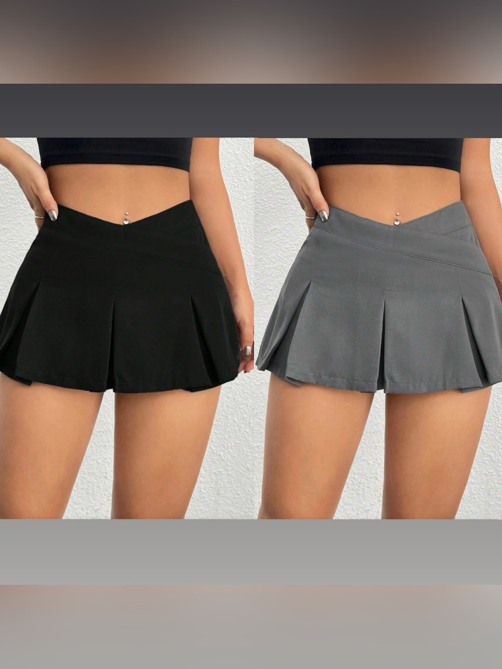 SHEIN PETITE 2 Pcs. Asymmetrical Waist Pleated Mini Skirt-Black/Grey, Petite XS